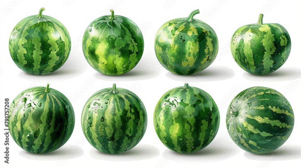Set of whole, green, round watermelons, isolated on a transparent background with a PNG cutout or clipping path. Set of whole, green, round watermelons, isolated on a transparent background with a PNG cutout or clipping path.