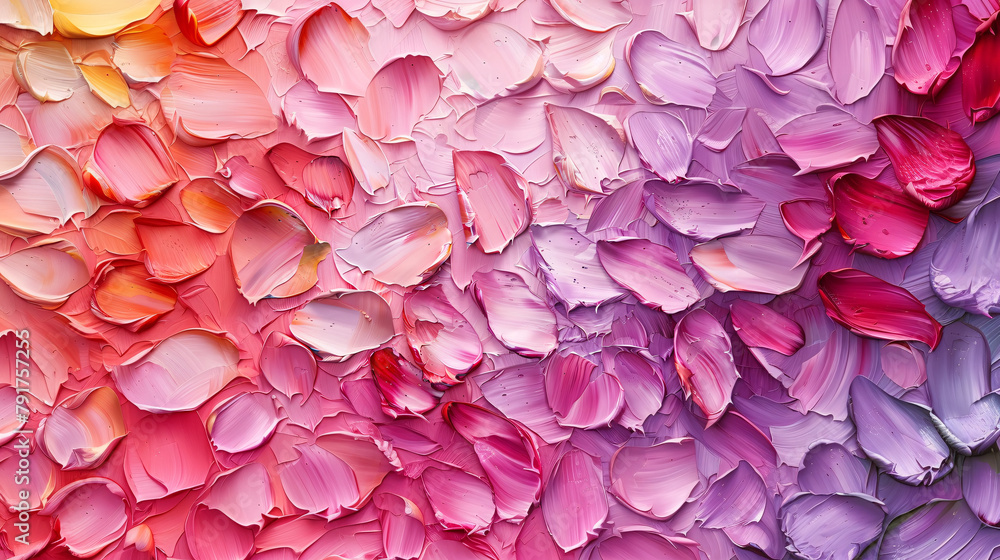a canvas filled with thick, petal-shaped brushstrokes of oil paint, transitioning from vibrant pinks to soft purples, creating a tactile and visually stunning gradient