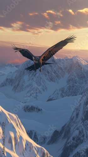Majestic eagle captured in flight over breathtaking snow-capped mountain peaks during golden hour with a sense of freedom © gunzexx png and bg
