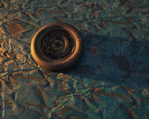 Old car wheel on weathered rusty blue painted metal sheet. © ysbrandcosijn