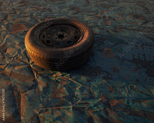 Old car wheel on weathered rusty blue painted metal sheet. © ysbrandcosijn