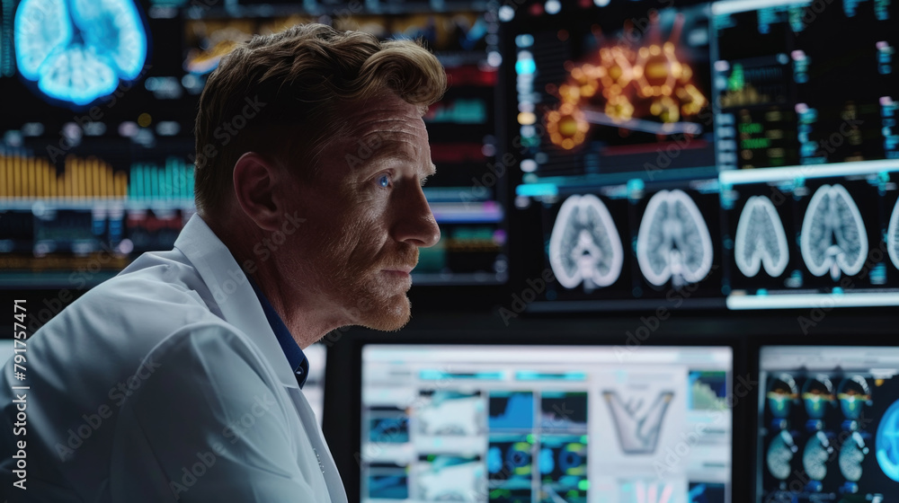 A man in lab coat reviews multiple brain imaging results on high-resolution monitors in a modern laboratory setting A man in lab coat reviews multiple brain imaging results on high-resolution monitors in a modern laboratory setting