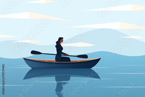 Business graphic vector modern style illustration of a business person in a boat depicting isolation, drifting, cut adrift in shark invested waters remote from the workplace or team photo