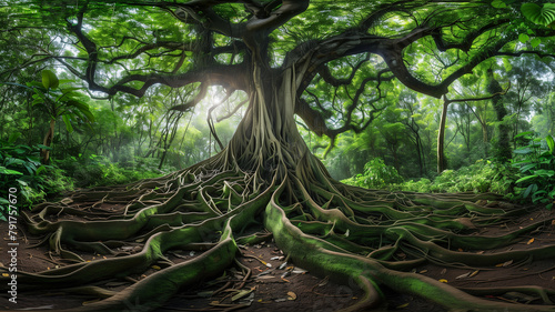 Big tree with green leaves and roots in the jungle