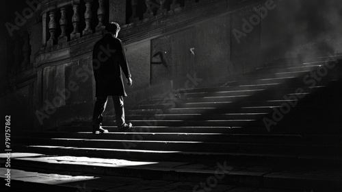 A man is walking up a flight of stairs in the dark, the only source of light guiding his way photo