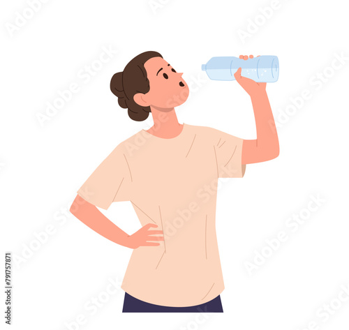 Young sportive woman isolated cartoon character drinking water from plastic bottle feeling wellbeing