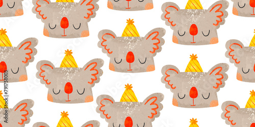Wallpaper Mural Seamless pattern with koala portraits. Koala in the jungle on holiday. Cute cartoon animal celebrating his birthday. Scandinavian background. Isolated kids illustration Torontodigital.ca
