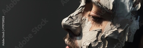 A man with a contemplative expression, face partially covered in shaving cream, suggests grooming rituals photo