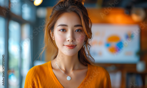 Confident Asian Businesswoman Leading Strategy Discussion in Modern Office