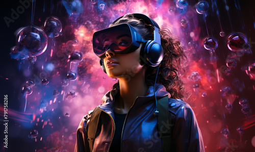 Immersive Metaverse Experience: Woman Exploring Virtual Realms with VR Headset, Avatars & Social Connectivity
