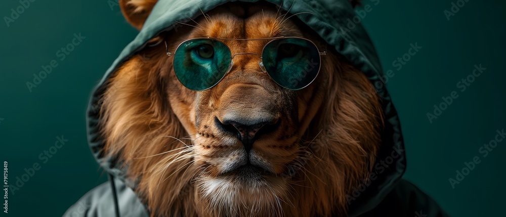 lion with cool and dark sunglasses and a hoodie, green background