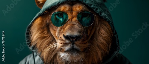 lion with cool and dark sunglasses and a hoodie, green background