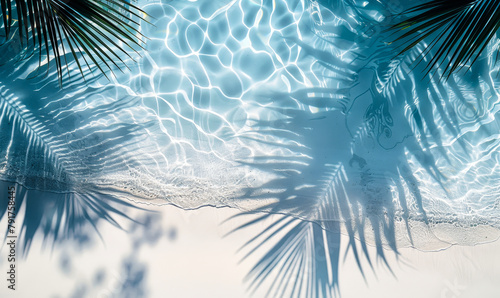 Tropical Paradise  Serene Water Reflections and Palm Shadows on White Sandy Beach - Ideal Summer Escape Backdrop