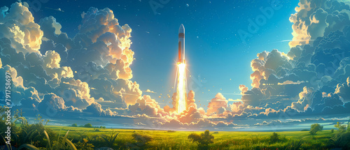 Sunset Rocket Launch Over Idyllic Countryside. As the sun sets, a rocket cuts through the picturesque cloudscape over a tranquil, lush countryside, marking a moment of awe-inspiring progress. photo