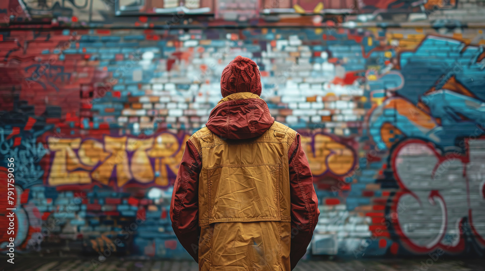 A man stands in front of a colorful wall covered with graffiti. A man stands in front of a colorful wall covered with graffiti.