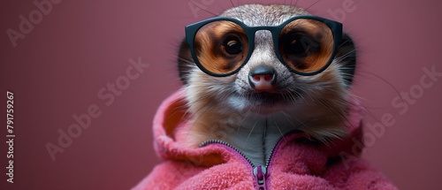 Meerkat with cool and dark sunglasses and cool hoodie  purple background