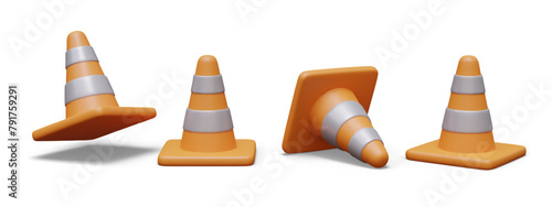 Set of realistic traffic cones in different positions. Vector elements