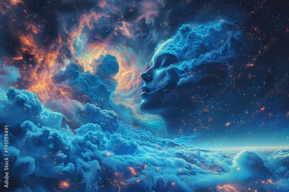 A surreal cosmic concept featuring a woman's silhouette blending with a star-filled nebula A surreal cosmic concept featuring a woman's silhouette blending with a star-filled nebula