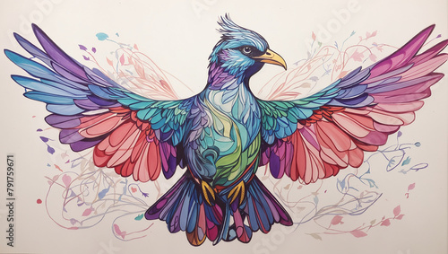  a watercolor painting of a bird with its wings spread. The bird is purple  blue  and green with yellow and orange highlights and white and yellow flowers and leaves around it.