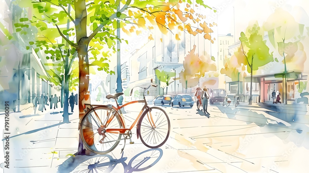 Fototapeta premium Eco-Friendly Urban Scene with Watercolor Bicycle