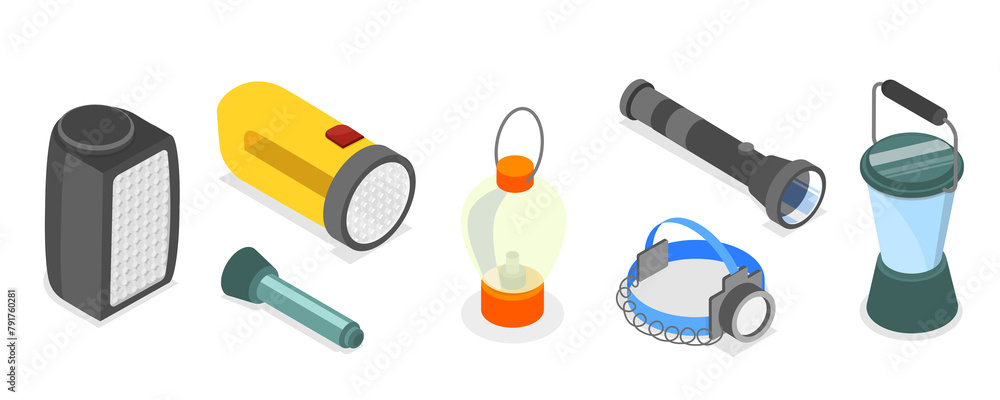 3D Isometric Flat Set of Flashlights, Portable, Hand-held, Pocket and Head electric 3D Isometric Flat Set of Flashlights, Portable, Hand-held, Pocket and Head electric