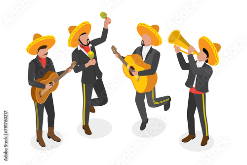 3D Isometric Flat Illustration of Mariachi, Mexican Musicians Band