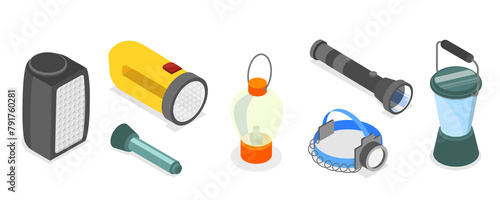 3D Isometric Flat Set of Flashlights, Portable, Hand-held, Pocket and Head electric