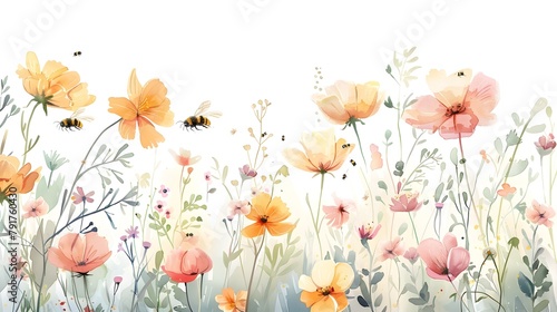 Watercolor of Bees Pollinating Wildflowers  Celebrating Biodiversity s Harmony