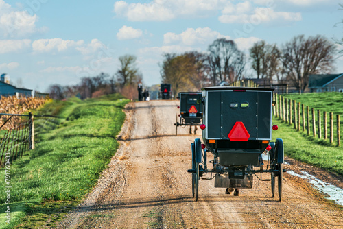 Amish Buggies on rural road in early spring.