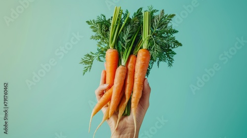 Creative advertisement concept of a hand holding up fresh carrots, crisp and inviting, ideal for a vegetable promotion, pastel background, studio lighting