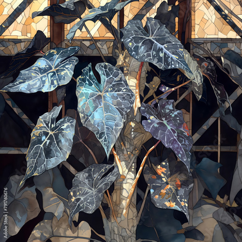 Black Magic Caladium, dark and mysterious, in a Gothicstyle atrium, watercolor, isolate. photo