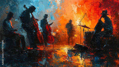 Vibrant Abstract Art in Oil Mixed Style Brush Stroke of Music Band Players Playing Live Music photo