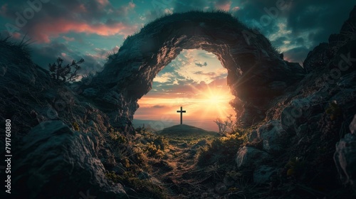 Empty Tomb With Crucifixion At Sunrise - Resurrection Concept  #791760880