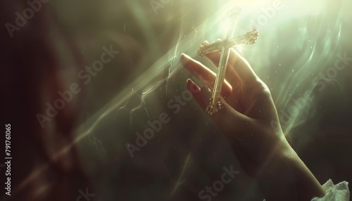 Woman's hand with cross. Concept of hope, faith, christianity, religion, church online. religion rendered ,and subtle reflections., Christian Religion concept inside church photo