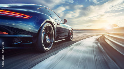 Sports car driving fast on the road with motion blur photo