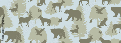 Forest animal vector seamless pattern. Animals and trees silhouette illustration background. Nature green and blue camouflage wallpaper design. © Anastasiia Neibauer