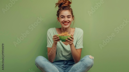 Smiling Woman Enjoying Noodles photo
