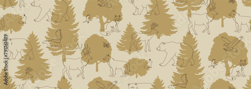 Forest animal vector seamless pattern. Animals and trees illustration. Nature sand camouflage wallpaper design. Monochrome background. © Anastasiia Neibauer
