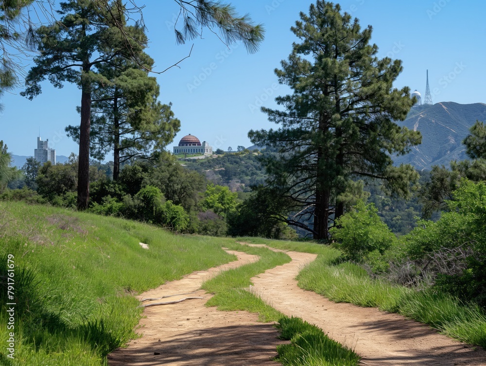A path winds through a lush green field with a hill in the background. The hill is home to a large building, and a tower can be seen in the distance. The scene is peaceful and serene A path winds through a lush green field with a hill in the background. The hill is home to a large building, and a tower can be seen in the distance. The scene is peaceful and serene