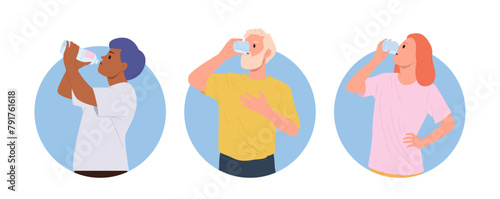 Isolated round icon composition with happy people cartoon characters drinking clean pure water