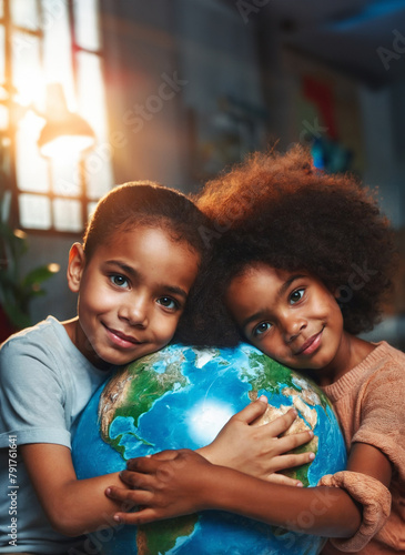 cute children holding Earth globe like happy future for kids concept, 
