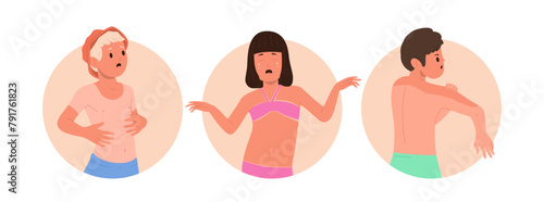 Isolated round icon composition with sad unhappy children characters suffering from sunburned skin