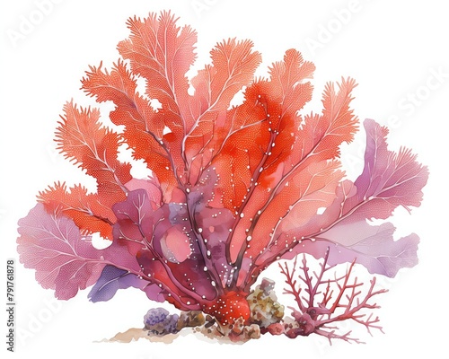 A serene portrayal of Gorgonian Coral, also known as sea fans, swaying gently in the current, fanlike reds and purples, white background, vivid watercolor, 100 isolate photo