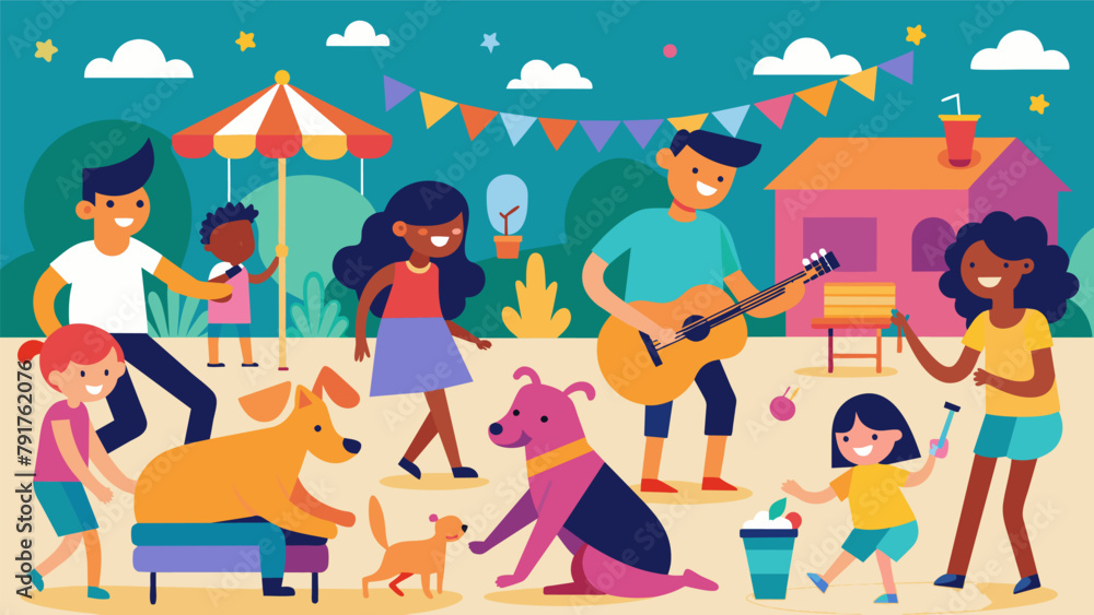 Fototapeta premium A hub of vibrant activity as live music plays children play games and friendly pet dogs roam a the hustle and bustle.