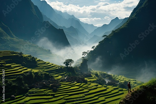 Valley with green rice terraces. Person is standing on a mountain top. Cloudy sky with mountains on background. Peaceful and serene scene. Generative ai. Peruvian landscape.