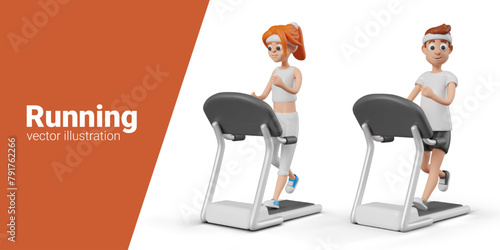 Man and woman run on treadmill. Vector characters doing sports indoors