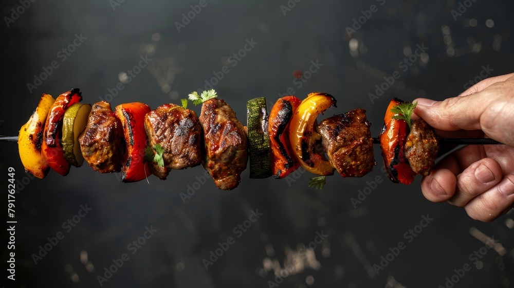 Dynamic shot of a hand gripping a kebab with vibrant meat and vegetables, high contrast against a sleek black studio background - obrazy, fototapety, plakaty 