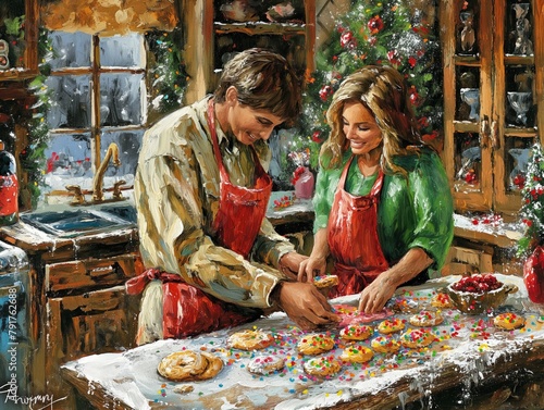 A man and woman are in a kitchen making cookies. The woman is wearing an apron and the man is wearing a red apron. The kitchen is decorated with Christmas decorations