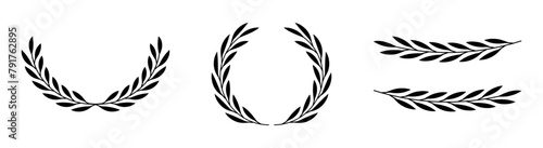 Set of wreaths and branches with leaves. Hand drawing laurel wreaths and branches collection. Laurels wreaths, swirls, twigs and flower ornaments. Herbs, flowers and plants elements. Design elements.