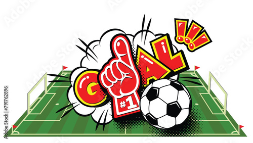 Goal football soccer comic icon. Ball and explosion text speech bubble on football field. Vector sticker template on transparent background